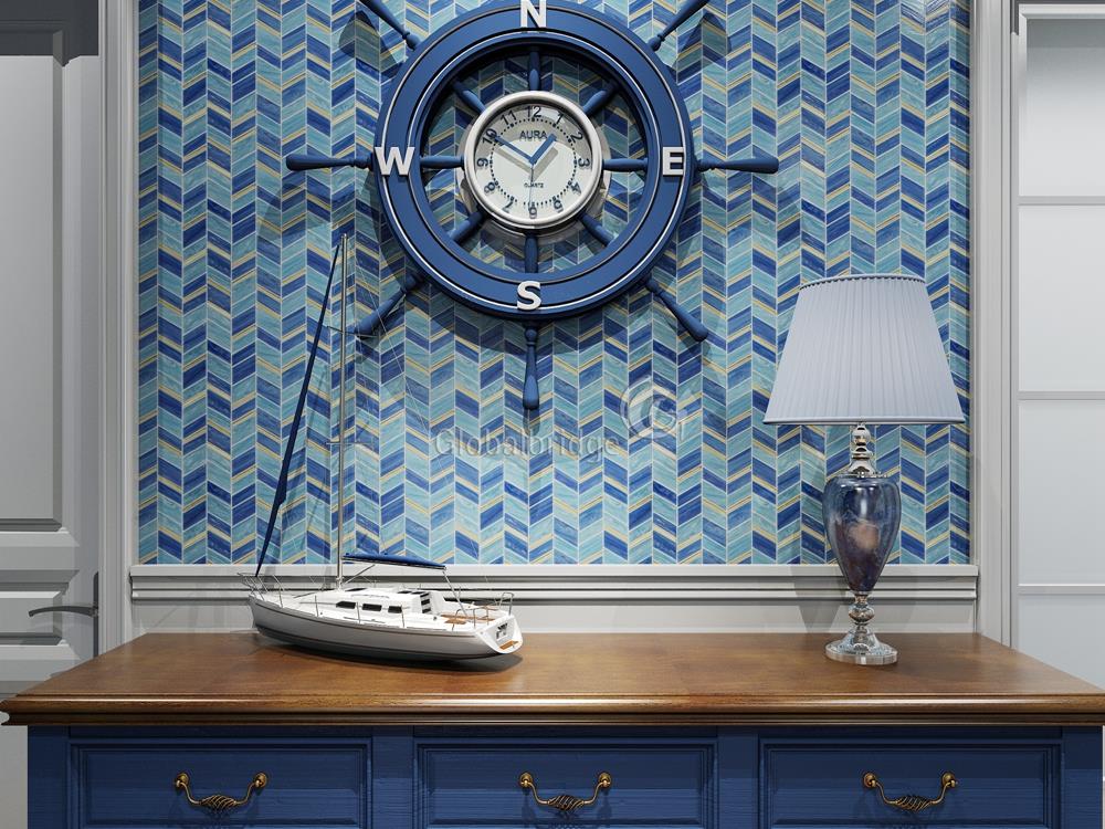 Azulejos de pared de dormitorio de mosaico de vidrio en forma de flecha cremosa